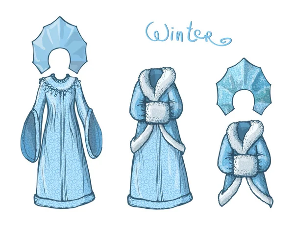 Három ruha, a Snow leánykori lány. Vektor kézzel rajzolt kollázs téli ruházat és kiegészítők, elszigetelt fehér background. Orosz hagyományos női stílusú ruhát. — Stock Vector