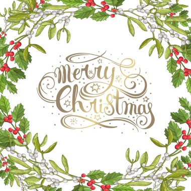 Beyaz arka plan üzerinde Ulusal şenlikli için dekorasyon. Xmas tasarım şablonu. İzole ökse otu. Geleneksel Noel bitki. Tatil kırmızı berry yeşil yaprakları ile.