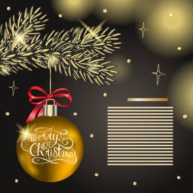 Noel süsleri, vektör çizim. Ladin şube kırmızı ve gümüş Noel topları ile. Köknar ağacı dalı koyu arka plan üzerinde