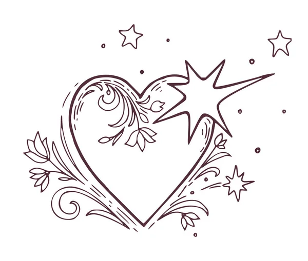 꽃 장식으로 그려진된 흑백 심장 손. 빈티지 디자인 요소, 결혼식, 생일, 발렌타인 데이 컨셉 — 스톡 사진