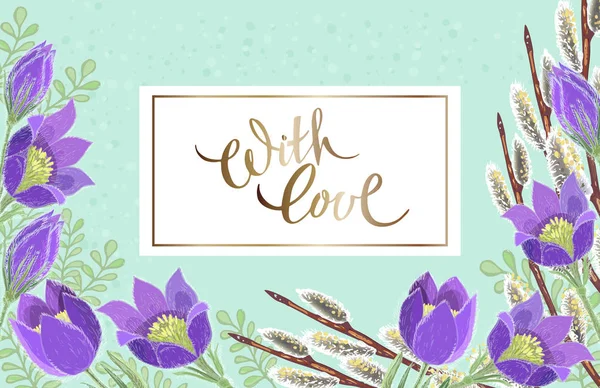 Vector šablony jarní pozdrav card s ručně kreslenou pupavu květiny a willow větví s nadýchanými jehnědy — Stockový vektor