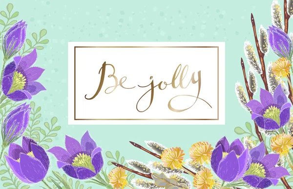 Vector template of spring greeting card with hand drawn pasque-flowers, willow branches with fluffy catkins and yellow dandelion flowers
