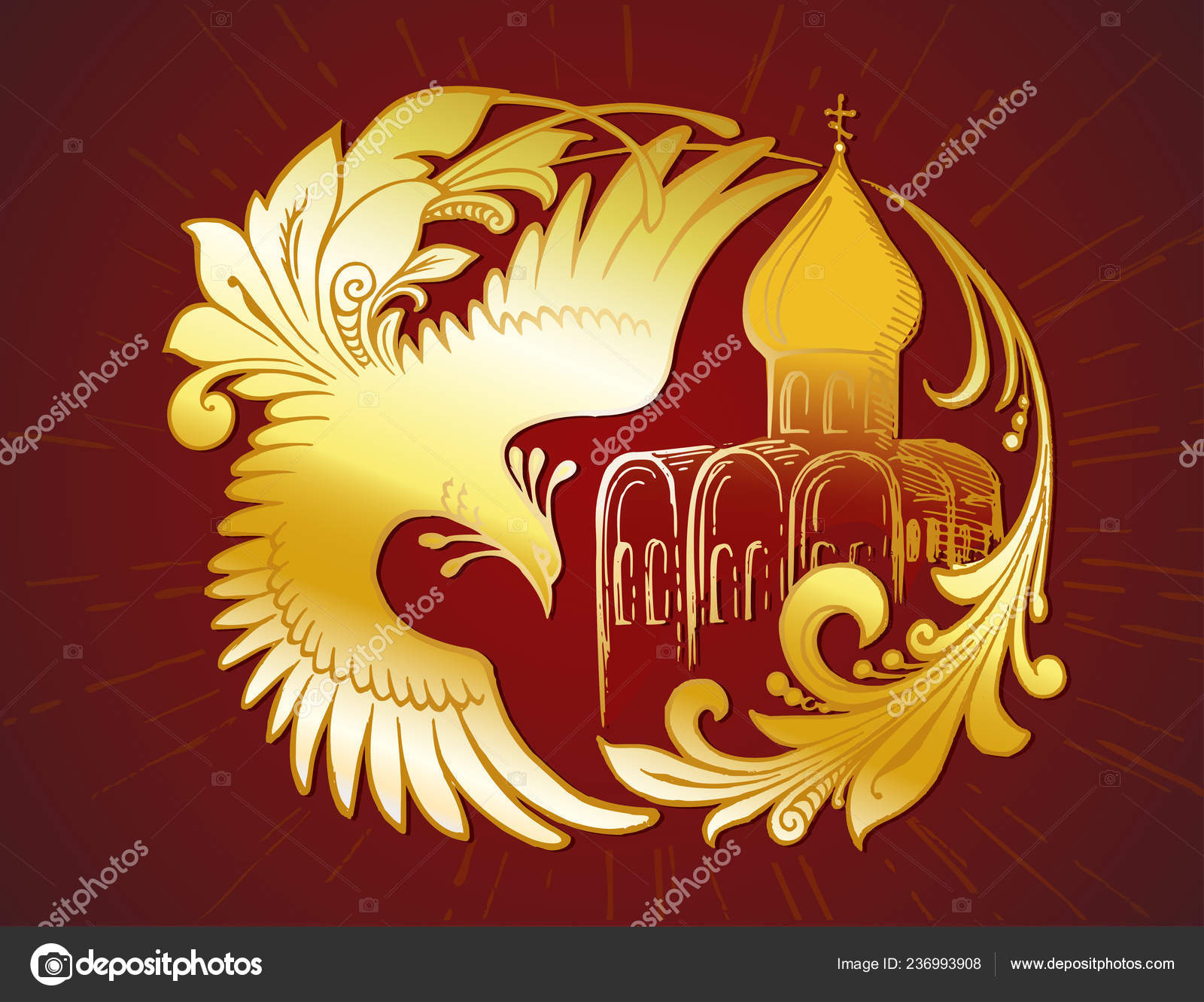 Hand Drawn Golden Fairy Tail Bird Character Of Russian Folk Tales And Old Russian Cathedral On The Deep Red Background Vector Graphic Element For Design Of Cards T Shirts Bags And Other Souvenirs Hand Drawn Golden Fairy Tail Bird Character Of Russian Folk Tales And Old Russian Cathedral On The Deep Red Background Vector Graphic Element For Design Of Cards T Shirts Bags And Other Souvenirs