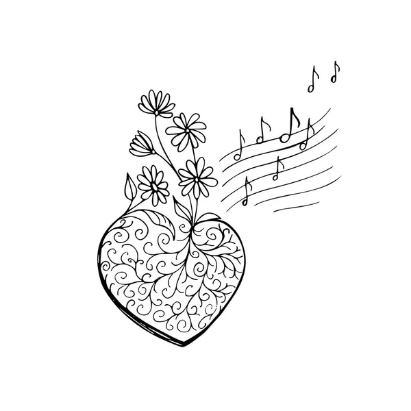 Virágzó éneklő szív és a zene jegyzeteket szimbólumok vektor eps monokróm zene művészet megbízható hátteret illusztrációja — Stock Vector