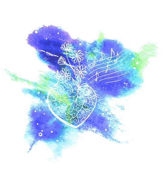 Virágzó éneklő szív és zene megjegyzi szimbólumok zenei művészet absztrakt akvarell Splash háttérben. Hangháttér illusztrációja — Stock Vector