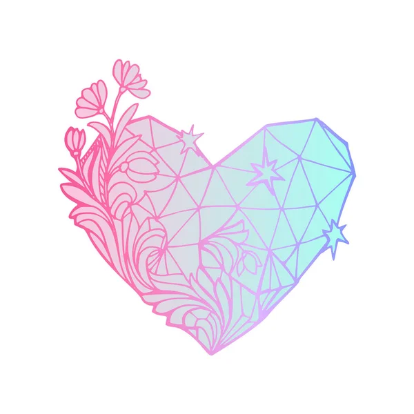 Handgetekende vector inkt illustratie van veelhoekige rode diamant kristal, hartvormige gem steen. Symbool van onverschilligheid, koudheid, hartbreuk en onbeantwoorde liefde. — Stockvector
