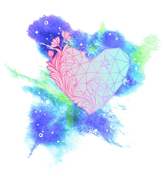 Handsketched inkt vectorillustratie voor veelhoekige roze en blauwe diamant crystal, hart vormige gem steen op abstract aquarel splash achtergrond. Symbool van onverschilligheid, kou, hartzeer en — Stockvector