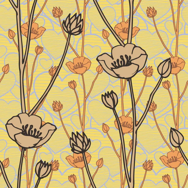 Vektor sömlösa mönster med handen ritning vilda blommor och doodle hjärtan, botaniska illustration, blommiga inslag, handritad repeterbara bakgrund. Gula konstnärliga bakgrund — Stock vektor