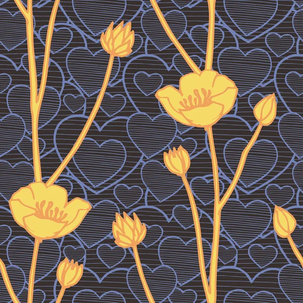 Vektor nahtloses Muster mit handgezeichneten Wildblumen und Kritzelherzen, botanische Illustration, florale Elemente, handgezeichneter wiederholbarer Hintergrund. Künstlerischer Hintergrund. — Stockvektor