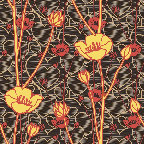 Motif vectoriel sans couture avec dessin à la main fleurs sauvages jaunes et rouges et coeurs de gribouillis sur fond brun, illustration botanique, éléments floraux, dessin à la main fond reproductible. Artistique — Image vectorielle