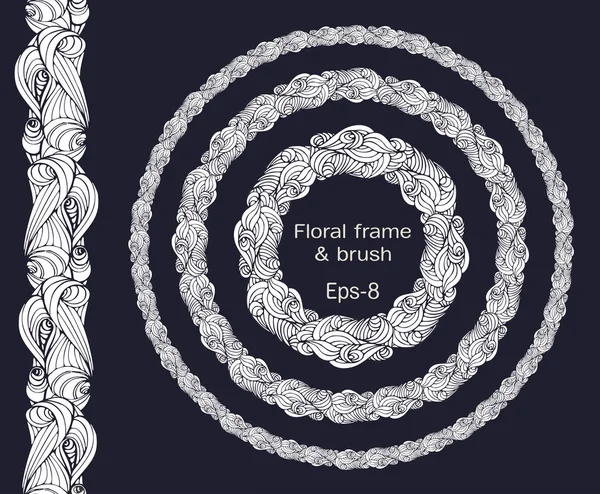 Zwart-wit cirkel Ornament frame met borstels element en ruimte voor tekst — Stockvector