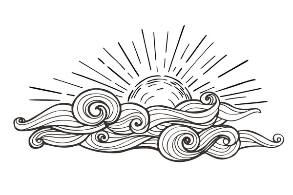 占星術ヴィンテージ図面。ベクトル フリーハンド インク太陽と白い背景で分離されたビンテージ スタイルの雲 — ストックベクタ