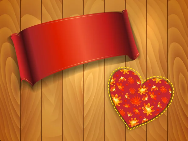 Gelukkig Womens Day wenskaart design met illustratie van hart vorm met aquarel bloemen textuur en rode glanzende banner op houten textuur achtergrond. — Stockvector