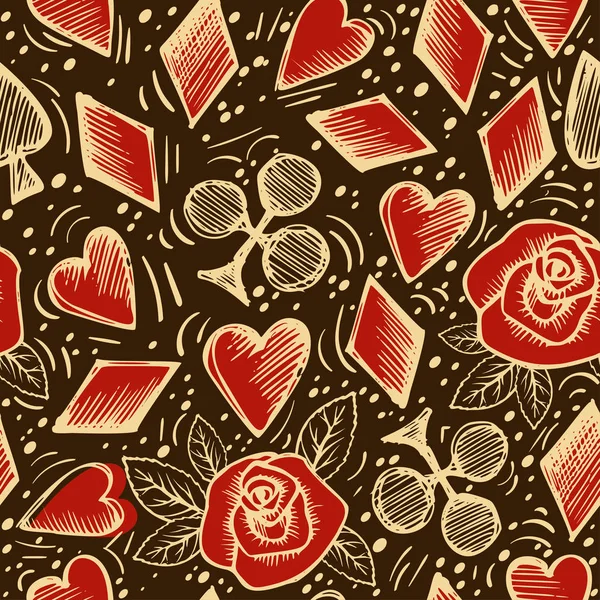 Playing chips and cards seamless pattern on dark background. Doodle background . Sketch objects — Stock Photo, Image