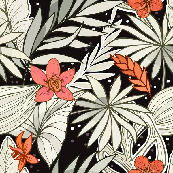 벡터 완벽 한 아름 다운 예술 밝은 열 대 패턴 바나나, Syngonium 및 행운 잎, 여름 비치 재미, 원래 세련 된 꽃 배경 인쇄, 환상적인 숲 — 스톡 벡터