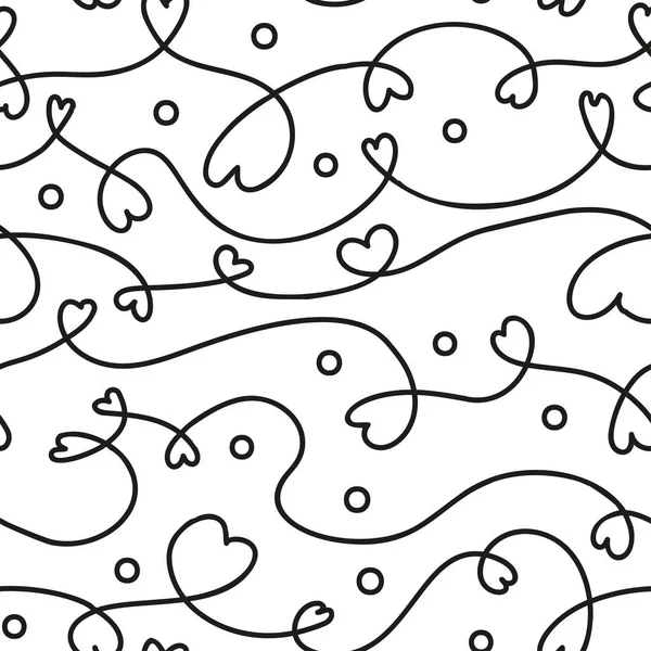 Seamless pattern with tangled intertwined lines with stylized hearts. White background with black scribble. Vector illustration. — Stock Vector