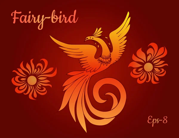 Fantastický ohnivý nebo oheň pták phoenix. Stylizovaný obraz Kouzelný pták a slunce na červeném pozadí. — Stockový vektor