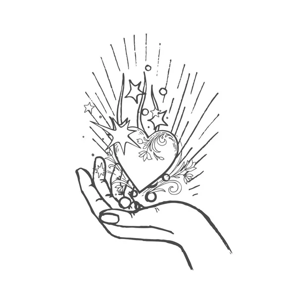 Kézzel rajzolt díszítő elem, fénylő szív, lebeg a nyitott tenyér — Stock Vector