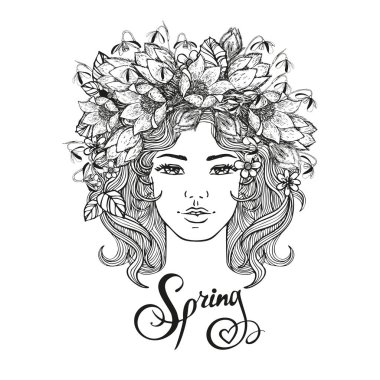 Siyah ve beyaz kız dekoratif saç modeli çiçekli, yaprakları saç doodle tarzı. Doğa, süslü, çiçek illüstrasyon ve el kabataslak Hallo yazı yaz. Zentangle elle çizilmiş boyama kitabı