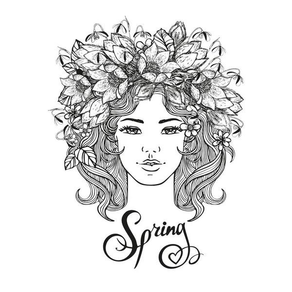 黑色和白色的女孩装饰发型与鲜花, 叶在头发涂鸦风格。自然, 华丽, 花卉插图和手绘字母圣哈洛夏天。Zentangle 手绘着色书 — 图库照片