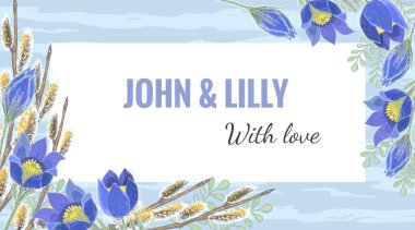 Şablon / bahar tebrik kartı elle çizilmiş pasque-çiçek ve willow ile kabarık kedicikler şubeleri