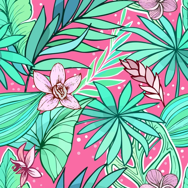 Seamless beautiful artistic bright tropical pattern with banana, Syngonium and Dracaena leaf, summer beach fun, original stylish floral background print, fantastic forest — Stock Photo, Image