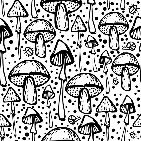 Black and white seamless simple pattern with hand-drawn forest mushrooms. — Stock Photo, Image