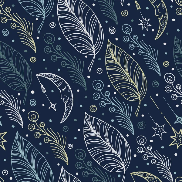 Fond bleu sans couture avec des feuilles et des boucles bleu clair et blanc et la lune — Image vectorielle