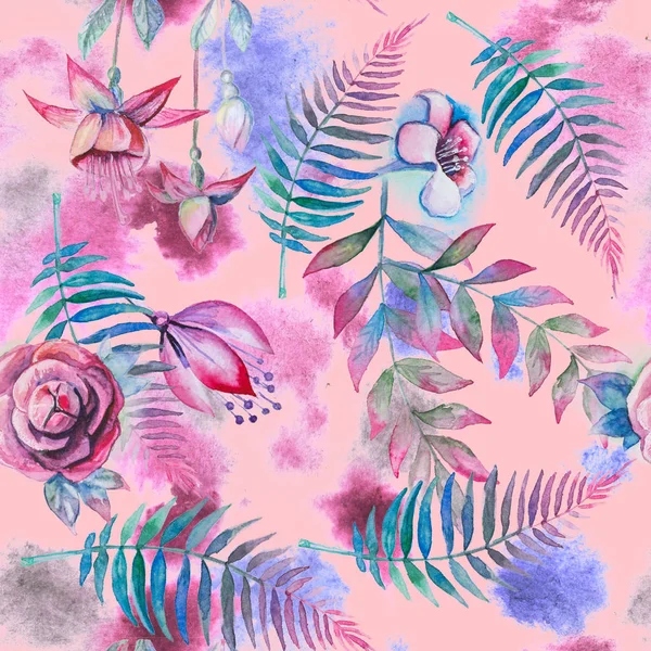 분홍색 배경에 수채화 열대 원활한 패턴입니다. 다채로운 페인트 배경입니다. 수영복 질감. 꽃 믹스 아트워크 — 스톡 사진