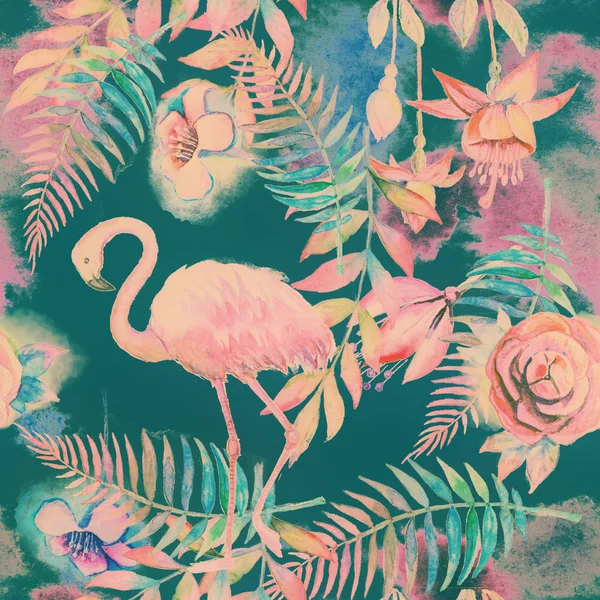 Tropická bezešvá květinové vzory s vodovými palmovými listy a růžovým plameňáka. Fialová, růžová a zelená textura. Květinové mixé kresby — Stock fotografie