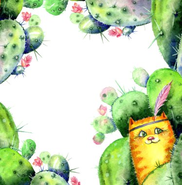 Çiçekli kaktüslerin arasında saklanan kırmızı bir kedinin olduğu kartpostal. Boho tarzında suluboya çerçevesi.