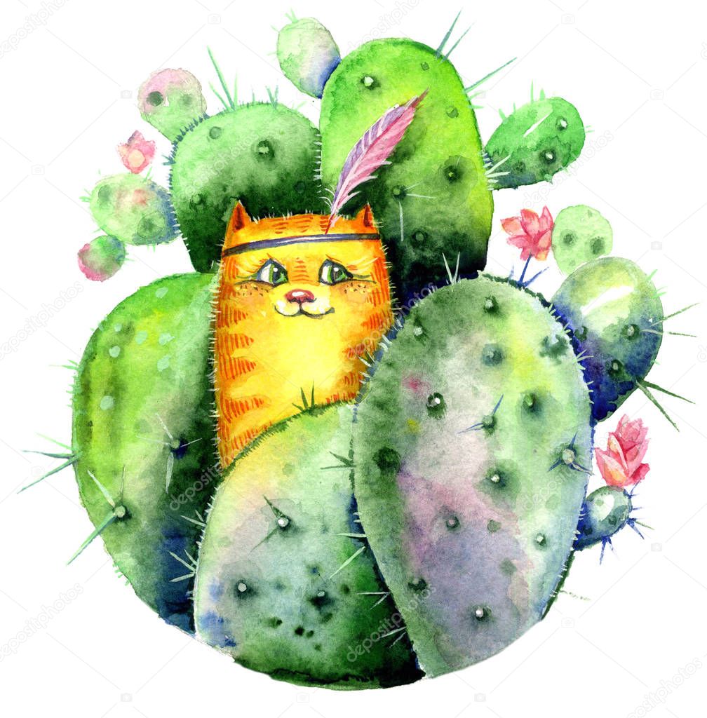 Postcard with a red cat hiding among the flowering cacti. Watercolor print in boho style.