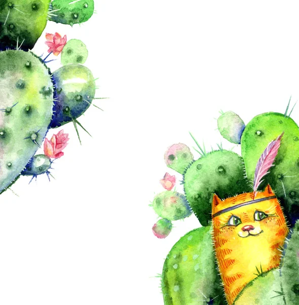 Çiçekli kaktüslerin arasında saklanan kırmızı bir kedinin olduğu kartpostal. Boho tarzında suluboya çerçevesi.