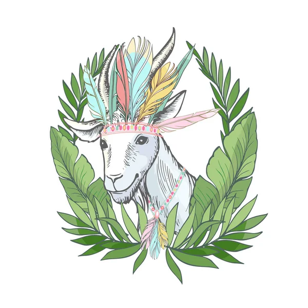 Hand getekende schets op het thema van de jacht-witte geiten hoofden in eikenbladeren en een stapel en zweep — Stockvector