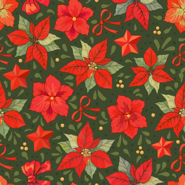 Рождественская зимняя Poinsettia Цветы бесшовный фон, цветочный узор Печать в векторе — стоковый вектор