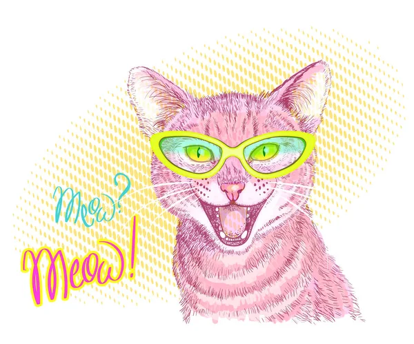 O focinho do gato de gengibre tabby em óculos cor de rosa gritando I s — Vetor de Stock