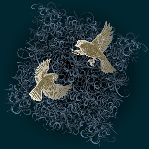 Zwei fliegende Vögel auf einem Hintergrund komplexer volumetrischer Textur mit abstrakten floralen Ornamenten. Druck für T-Shirts, Poster, Taschen, Einladungskarten, Dekore und Cover — Stockvektor