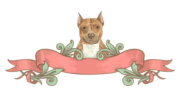 Handgeschnitzter lächelnder Hund mit Vintage-Banner und Zeichnung im Stile einer Gravur. handgezeichnetes Gestaltungselement. Vektorillustration — Stockvektor