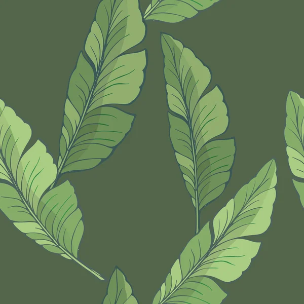 濃い緑色の背景にバナナの葉とシームレスなパターン。ベクトルイラスト — ストックベクタ