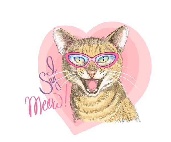 The muzzle of the ginger tabby cat in pink glasses screaming I say Meow. Hand-drawn meowing cat. Print for t-shirts, posters, bags and covers — Stock Vector