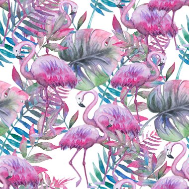 Suluboya tropikal, dikişsiz çiçek deseni. Renkli boya arka planı. Mor, pembe ve yeşil doku. Çiçek karışımı sanat eserleri