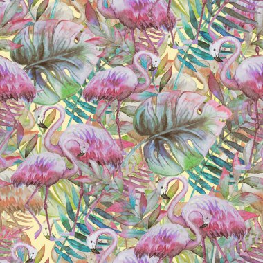 Suluboya tropikal, dikişsiz çiçek deseni. Renkli boya arka planı. Mor, pembe ve yeşil doku. Çiçek karışımı sanat eserleri