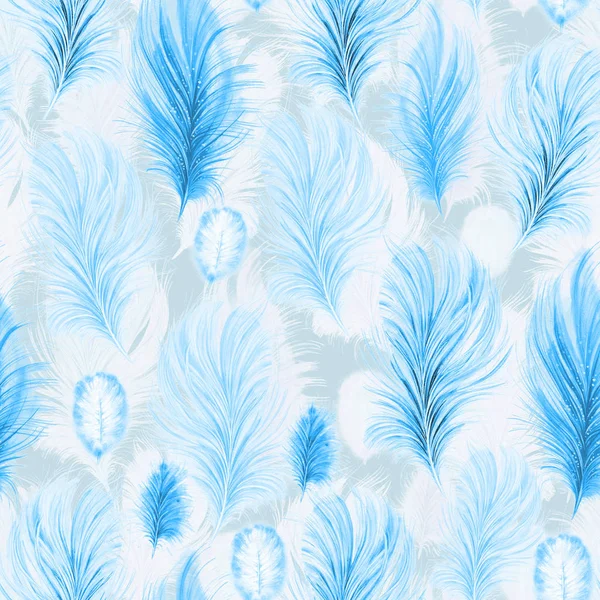 Aquarel mode naadloos patroon met witte en blauwe veren op lichtblauwe achtergrond. Vintage print — Stockfoto