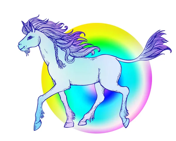 Walking unicorn with flowing mane and tail against the background of a rainbow circle. hand drawn illustration. — Stock Photo, Image