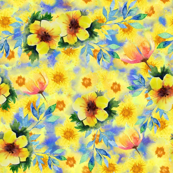 Nahtloses Muster mit abstrakten Aquarellblumen. gelbe und orangefarbene Blume auf blauem Hintergrund. helle, fröhliche, kindliche Illustration für Ihren Entwurf — Stockfoto