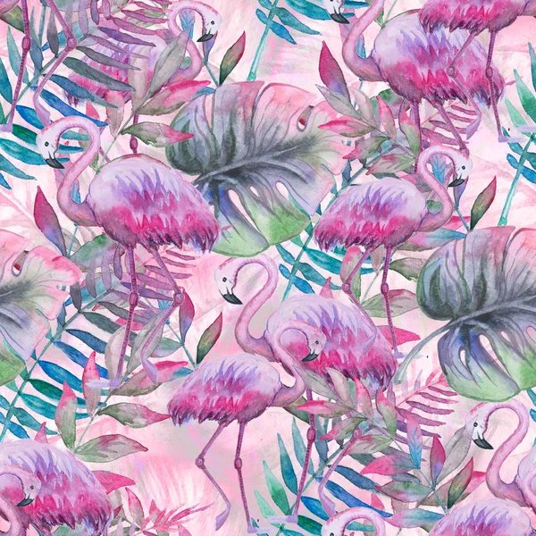 Aquarell tropischen nahtlosen Blumenmuster. bunten Farbhintergrund. lila, rosa und grün. Blumenmischung — Stockfoto