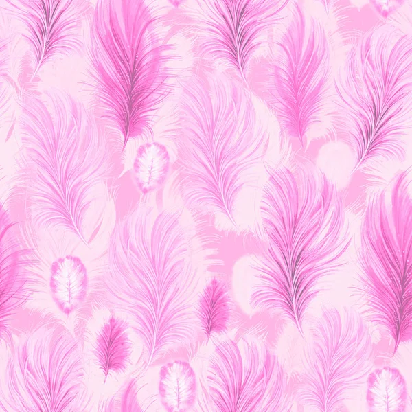Watercolor fashion seamless pattern with pink feathers on light pink background. Vintage print — Stock Photo, Image