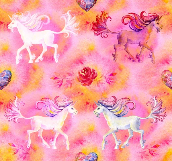 Unicornios blancos y rosados pintados de acuarela con melena de arco iris sobre un fondo en espiral rosa brillante con destellos de limón. Fondo modelado sin costuras — Foto de Stock