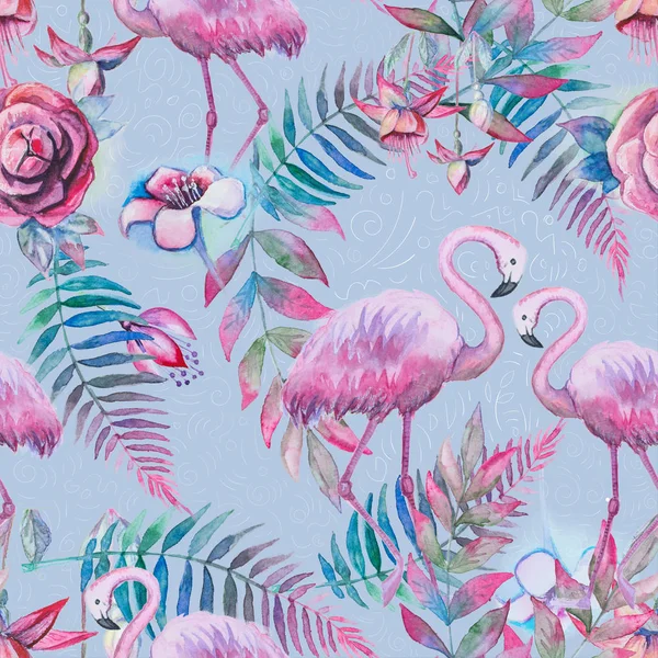 Exotische Komposition tropischer Vögel rosa Flamingo. Dschungel Strand nahtlose Muster Tapete mit Blättern und Blumen Hintergrund — Stockfoto