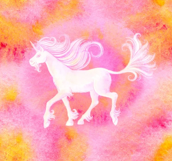 Seamless watercolor background with Walking unicorn against of a spiral pink background. hand drawn watercolor illustration — Stock Photo, Image